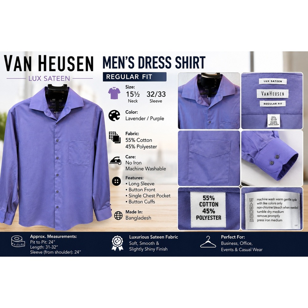Van Heusen Lux Sateen Mens Dress Shirt Lavender Purple Regular Fit 15.5 32/33